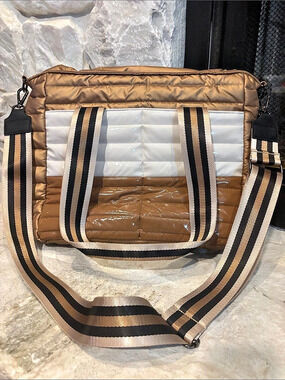 Think Royln Jetset Wingman Colorblock Luxe Stripe Tote Brown & White